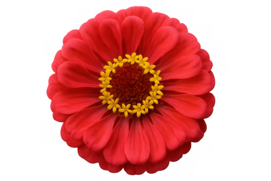 Red zinnia elegans blooming, showcasing its vibrant petals and yellow center, isolated on a transparent background