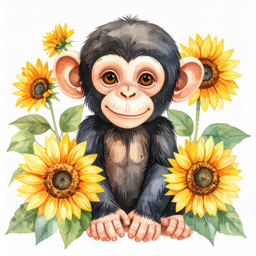 Cute animal and sunflower watercolor illustration_chimpanzee