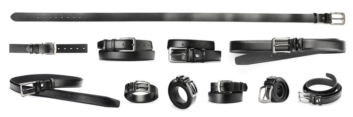 Black leather belt on white background, collage