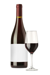 Luxurious red wine in bottle with blank label and glass isolated on white