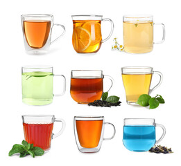 Different types of tea in glass cups isolated on white, set