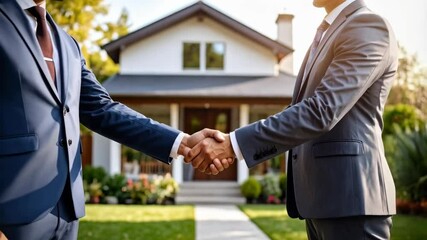 Two people in suits shake hands in front of a house, symbolizing real estate deal, property investment, and business partnership. - Powered by Adobe