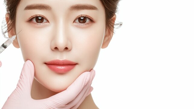 Asian woman receiving Botox treatment, enhancing her facial beauty with professional care. Procedure show growing trend of cosmetic procedures for maintaining youthful.