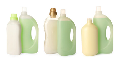 Fabric softeners in bottles isolated on white, set