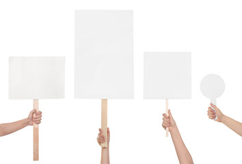 Group of people holding blank signs on white background, closeup. Mockup for design