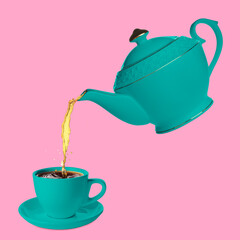 Pouring tea from turquoise teapot into cup against pink background