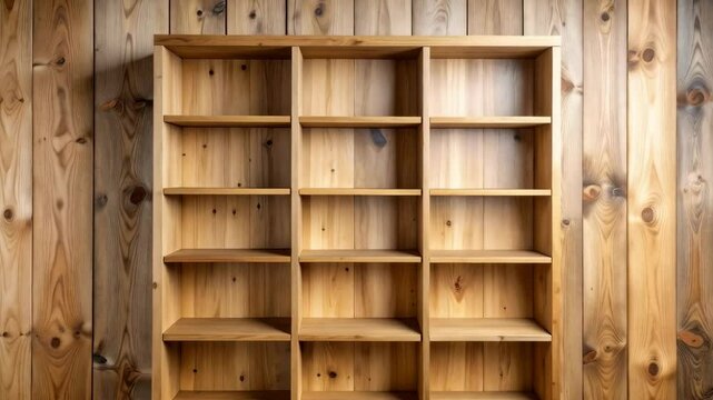 Empty wooden bookcase against a natural wood paneled wall offering rustic home storage solutions for books and decorative objects.
