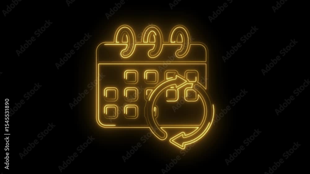 Poster animated golden neon calendar with circular arrow rotating concept of schedule management and deadli
