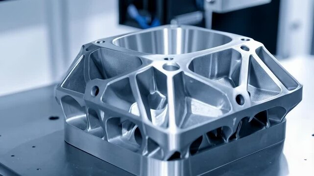 Precision machined aluminum block with complex internal structure, showcasing advanced manufacturing techniques and engineering design, industry