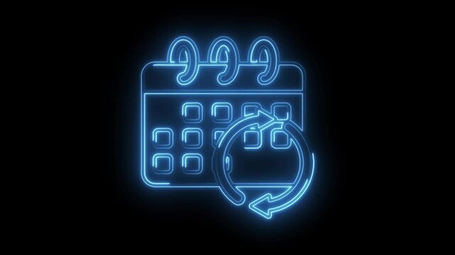 Glowing neon calendar icon with rotating arrows animation on black background for scheduling and reminders
