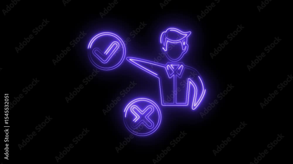 Poster neon outline person choice selecting between right and wrong with yes or no options