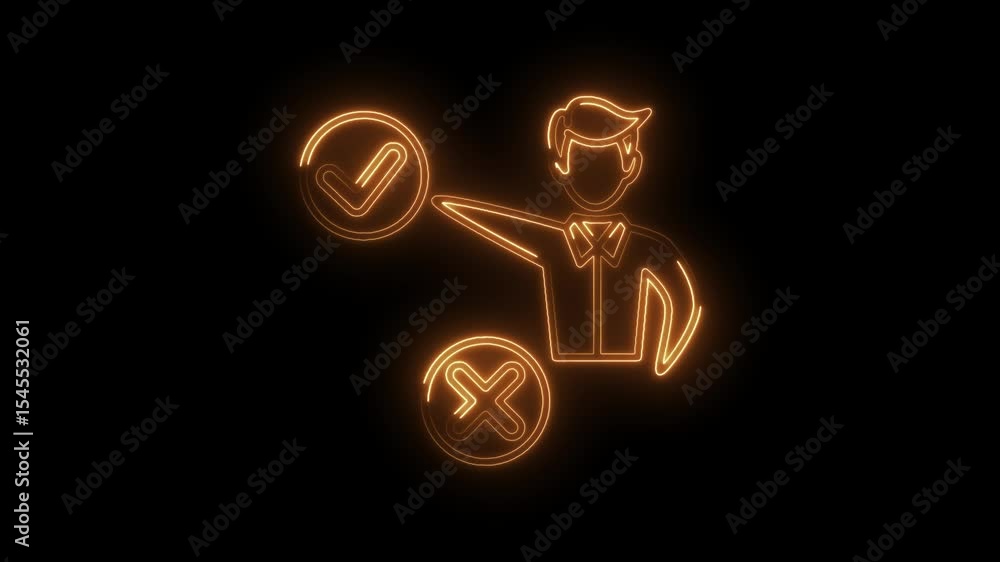 Poster neon person makes decision with check mark and x symbol glowing animation
