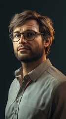 Contemplative gaze of a bespectacled man in muted light portrait