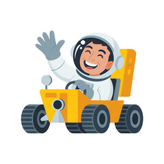 Naklejka premium Astronaut waves driving moon buggy cartoon illustration