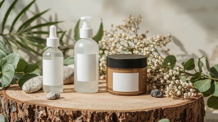 Skincare products displayed on a smooth, rustic wooden surface.