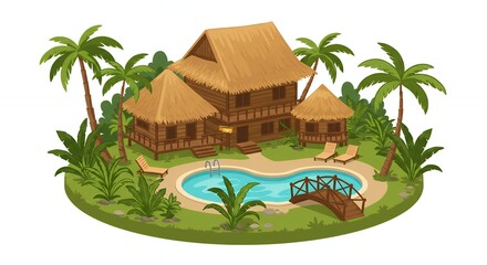 Obraz premium Tropical island resort illustration with wooden houses and swimming pool