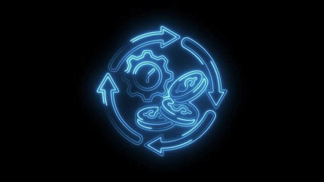 Neon style time management finance diagram with arrows and coins on black background - Powered by Adobe