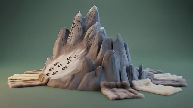 Abstract Mountain with Snow and Paw Prints on Fur Rugs A 3D Rendered Scene for Artistic Concept Environmental Visualizations and Game Asset Use