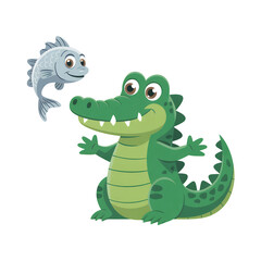 Fototapeta premium Cartoon Alligator and Fish Illustration