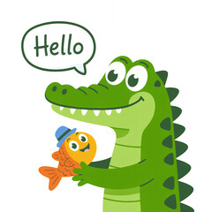 Cartoon Alligator with Fish Illustration