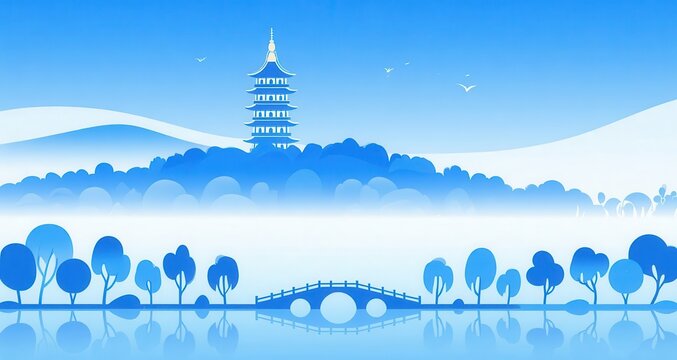 Illustration of the mountains and waters of West Lake in Hangzhou, Zhejiang Province, China