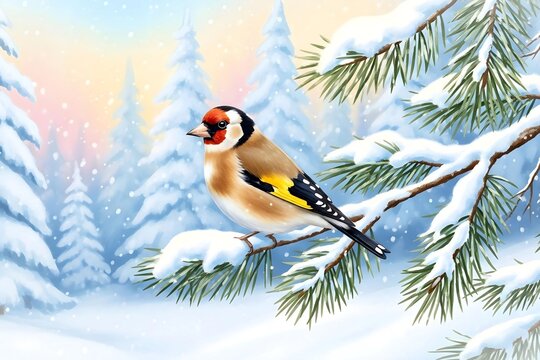 European Goldfinch on Snowy Pine - Watercolor Winter Painting