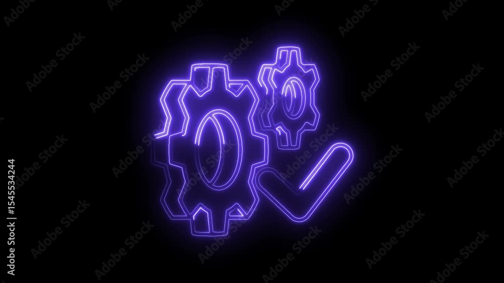 Poster neon gears and checkmark symbol rotation on black background for technology or engineering concepts