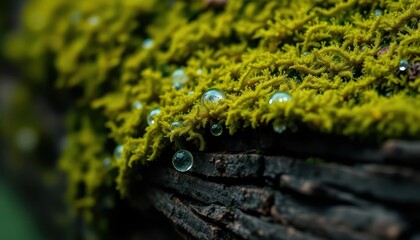Intimate view of nature showcasing a mossy log adorned with water droplets