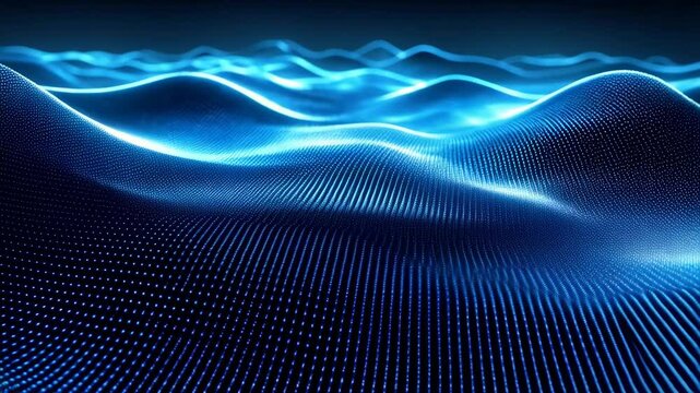 Glowing blue abstract waves formed by dots undulating across a dark background in a digital render for technology and futuristic themes.