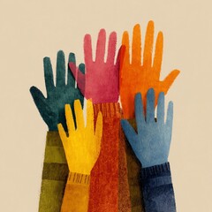 Hand-drawn flat style illustration of five interconnected hands, connection and teamwork concept