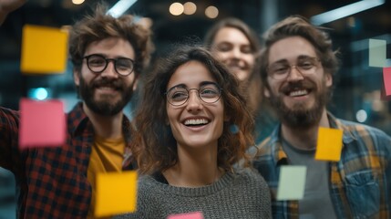 Obraz premium Team celebrating with sticky notes on glass wall in minimalist office, dynamic scene for teamwork concepts