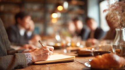 Asian professionals discussing business plans in a cozy café, shallow focus on hands signing documents, warm and inviting atmosphere
