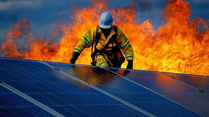 Solar panel technician repairing array amidst raging wildfire devastation