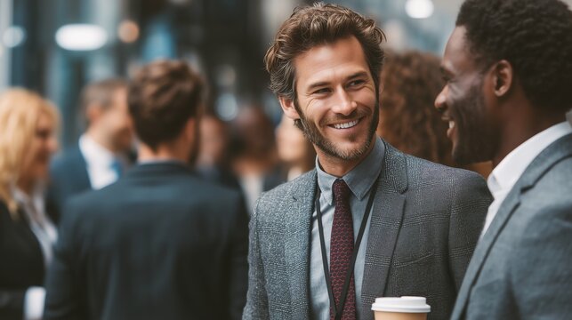 Diverse business professionals networking and exchanging ideas during a coffee break in a contemporary office setting