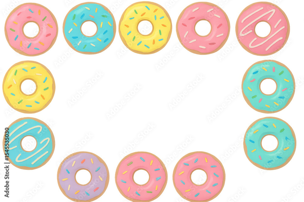 Poster twelve colorful donuts forming a rectangular frame on a transparent background, ideal for pastry and