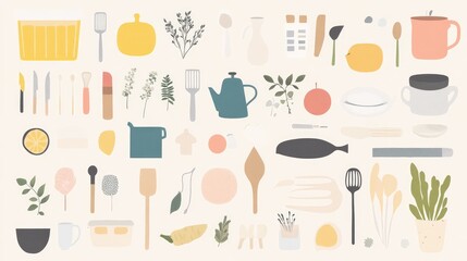 Colorful kitchen utensils and food items in a flat design.
