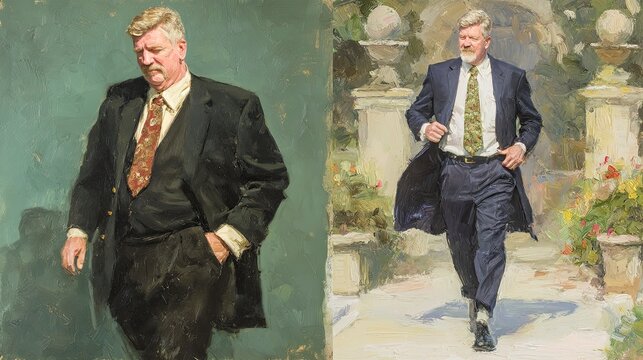 Two portraits of a man in a suit, one posed, the other in motion