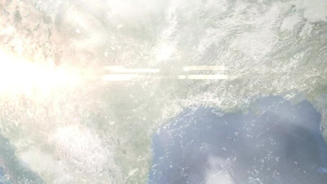 Earth zoom in from space and focus on Bryan, Texas, USA. Background for travel intro or blog. Satellite view. 3D style Animation. Images from NASA.