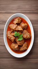 Spicy meat curry with fresh herb garnish in white bowl on wood