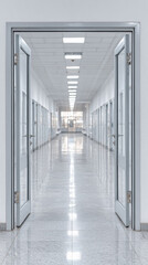 Open double doors leading to bright, clean hallway with reflective