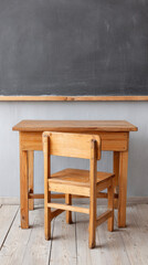Wooden school desk and chair front of blackboard with chalk marks
