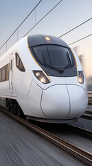 Modern white high speed train moving fast on railway track