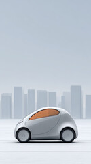 Compact futuristic car with orange window in city