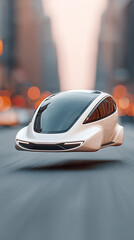Futuristic white flying car with sleek design and glowing lights
