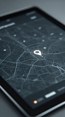 Digital map with location pin on tablet screen showing navigation