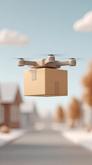 Drone delivery with cardboard box flying over suburban street