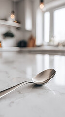 Sleek metal spoon resting smooth marble countertop bright kitchen