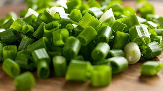 Freshly cut green scallions pieces are piled on a wood surface. Green onion garnish, cooking ingredient close up, overhead shot.