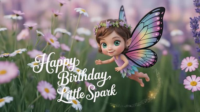 Animated Elf Fairy Character with Rainbow Wings Flying Over a Field of Lavender and Daisies in Isolated Whimsical Meadow Backdrop for Children Fantasy Illustration Design