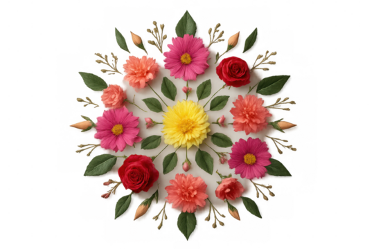 Floral paper mandala viewed from above, crafted with intricate layering, white background highlighting delicate geometric design